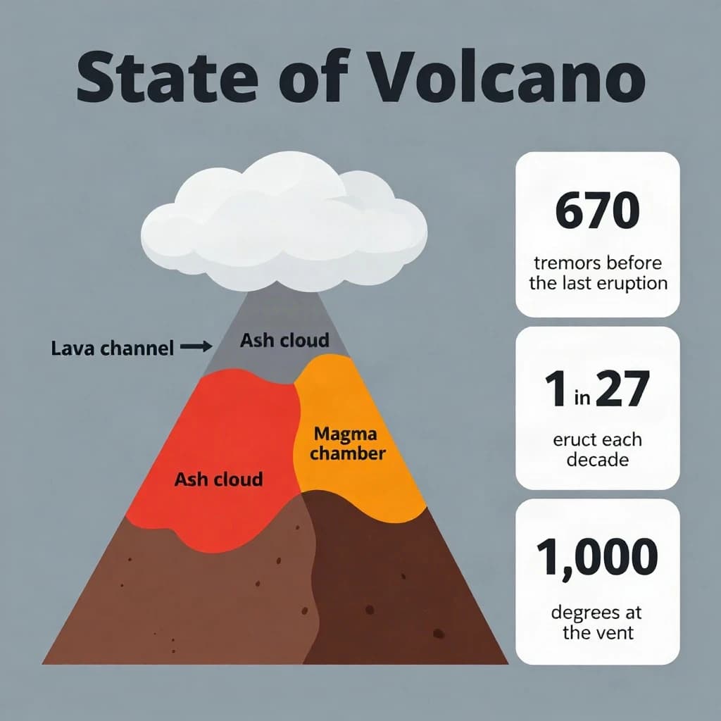 Flat vector illustration titled "State of Volcano": at the center a cutaway cone, carrying three keyed regions, "Lava channel" shaded red, "Ash cloud" shaded gray and "Magma chamber" shaded orange, beside a right column of three stat chips reading "670 tremors before the last eruption", "1 in 27 erupt each decade" and "1,000 degrees at the vent".