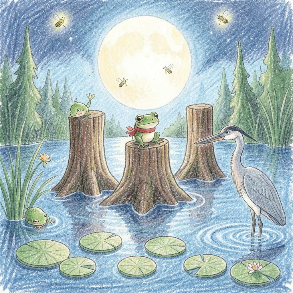 Story card in soft children's book illustration with crayon texture. A moonlit swamp with three cypress stumps in a row across the water. A small green frog in a red scarf sits on the middle stump. Two fireflies circle above his head while four more sit sleeping on the reeds to the left. A heron stands knee deep at the right edge, looking away from the frog. Nine lily pads float across the foreground, only one of them carrying a flower.