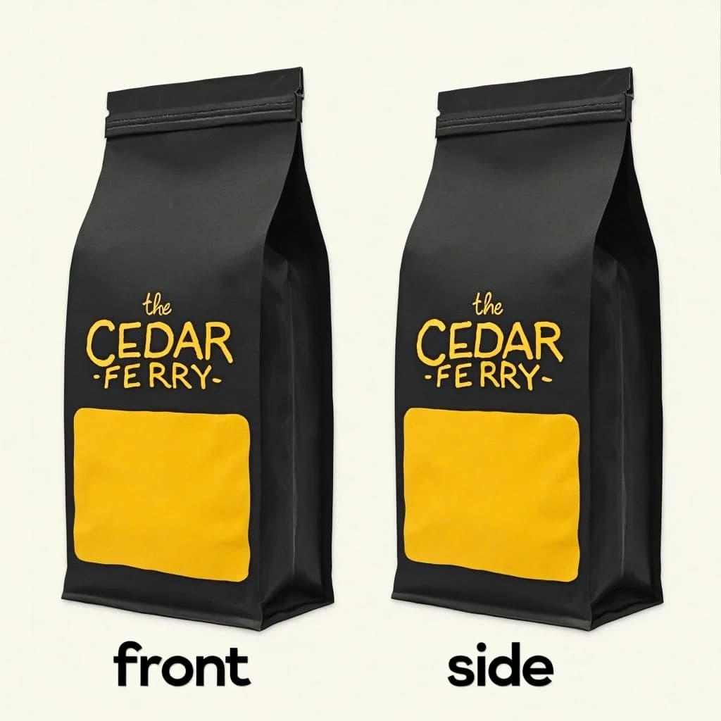 Cut-paper collage: one coffee bag in two views. The views are captioned "front" and "side" in that order. The wordmark "The Cedar Ferry" appears on every view. The black-and-yellow coloring is the same across every view, and only the angle changes.