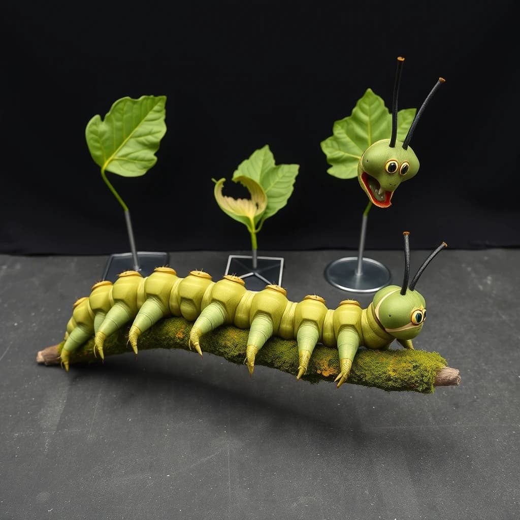 Macro photography of a practical effects test on a soundstage floor. A metre-long animatronic caterpillar puppet, dull green with a cream stripe, arched over a moss-covered branch: eight pairs of stubby legs, the front three pairs gripping the branch, the rest hanging free. Two thin black rods run out of frame to the right where a puppeteer's hands are just visible, and a third rod supports the head, which is turned toward camera with its mandibles open. Behind it, three sprayed foam leaves on stands, the middle one already chewed through. Hard key from above, black felt background, dust in the air.