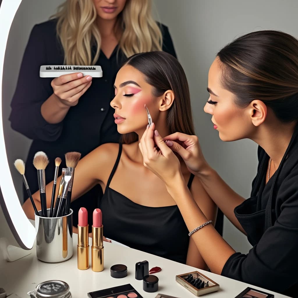 Fashion photograph at a backstage vanity lit by a ring light. A makeup artist in a black apron leans in from the right and blends cream blush into a seated model's cheekbone with her fingers, while a second artist standing behind them holds a lash tray in one hand and tweezers in the other, mid pick. On the counter between them: six brushes standing bristle up in a metal cup, three lipstick bullets lying in a row with their caps off beside them, and one open palette showing two used shades and four untouched. Warm skin tones, glossy highlights, shallow depth of field.
