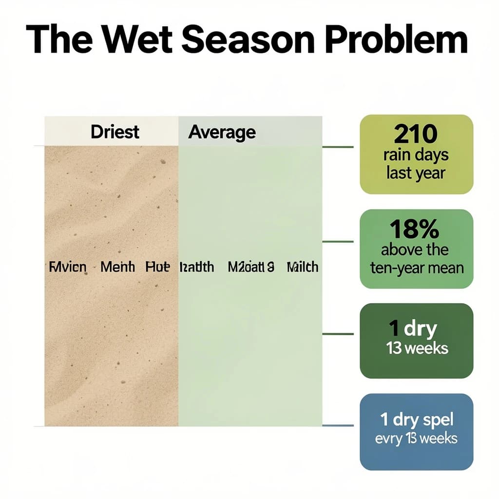 Printed poster titled "The Wet Season Problem". A twelve-month rainfall timeline sits at the center, carrying two keyed regions, "Driest" shaded sand and "Average" shaded pale green. Three stat chips run down a right column, reading "210 rain days last year", "18% above the ten-year mean" and "1 dry spell every 13 weeks". Each key color matches the shading of the region it names.