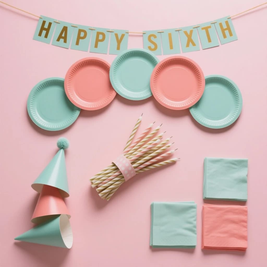 Flat lay photograph on pale pink paper, lit softly from above.
Eight paper plates fanned in an arc across the top of the frame, alternating mint and coral, four of each, mint first from the left.
Below the arc, twelve striped candles bundled under a paper band, laid diagonally.
Three cone party hats stacked at the lower left, only the middle hat trimmed with a pom pom.
At the lower right, six folded napkins in two piles of three, one pile mint and one coral.
A paper banner strung across the very top spells "HAPPY SIXTH" in gold letters, a few letters overlapping the plate arc.