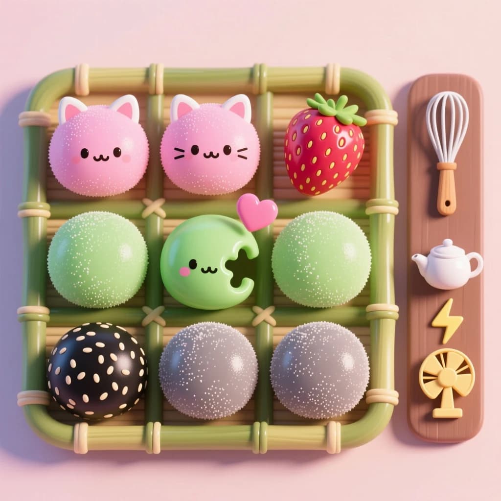 Match three board for a cozy sweets game, cute stylized 3D animation look. Nine mochi in a three by three grid on a bamboo tray: the top row strawberry pink, the middle row matcha green, the bottom row black sesame grey. The center green one has a bite taken out and a small heart icon floating above it. Two of the pink mochi wear tiny cat ears. To the right of the tray, a vertical strip of three power up icons, a whisk, a teapot and a fan. Soft pastel lighting, glossy dusted surfaces.