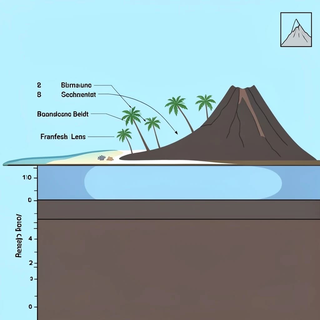 Cross section of a volcanic tropical island as a flat academic figure with clean colour blocks and a horizontal sea level line. Reading from the ocean on the left toward the right: a fringing reef crest, a shallow lagoon holding three coral heads, a white sand beach, a coconut palm belt of five trees, then a rising basalt cone with two lava layers picked out in darker grey, and a freshwater lens drawn as a pale blue dome under the middle of the island. Below sea level the flanks drop in three stepped terraces to a flat deep floor. Eight leader line labels, a depth scale down the left edge, and a small locator inset in the top right.