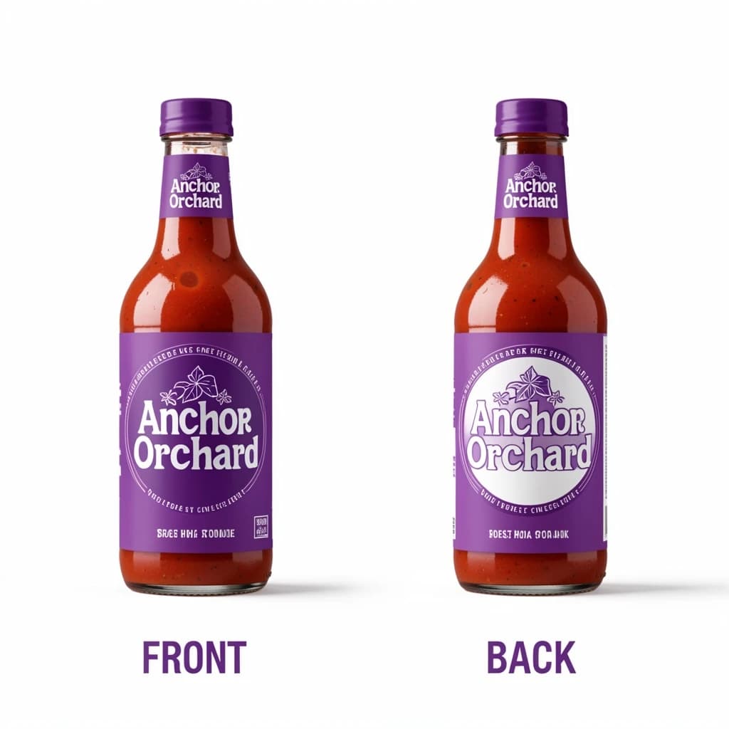 Printed poster: one hot-sauce bottle in two views. The views are captioned "front" and "back" in that order. The wordmark "Anchor Orchard" appears on every view. The purple-and-white coloring is the same across every view, and only the angle changes.