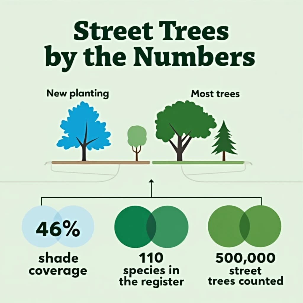 Flat infographic titled "Street Trees by the Numbers": at the center a labeled street-tree diagram, carrying two keyed regions, "New planting" shaded light blue and "Most trees" shaded dark green, beside a bottom row of three stat chips reading "44% shade coverage", "110 species in the register" and "51,000 street trees counted".
