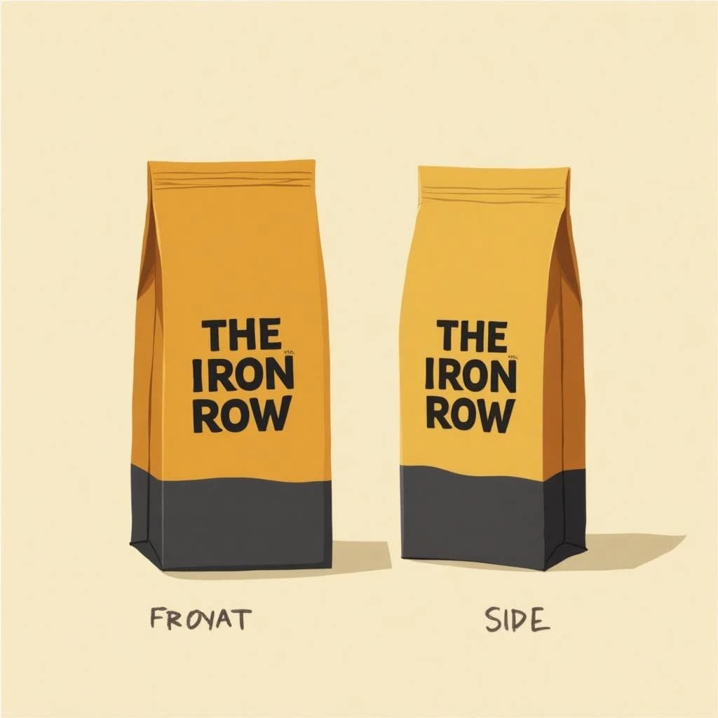 Flat vector illustration of the same coffee bag drawn in two views, captioned "front" and "side", every view carrying the wordmark "The Iron Row" in the same mustard-and-charcoal coloring, only the angle changing.