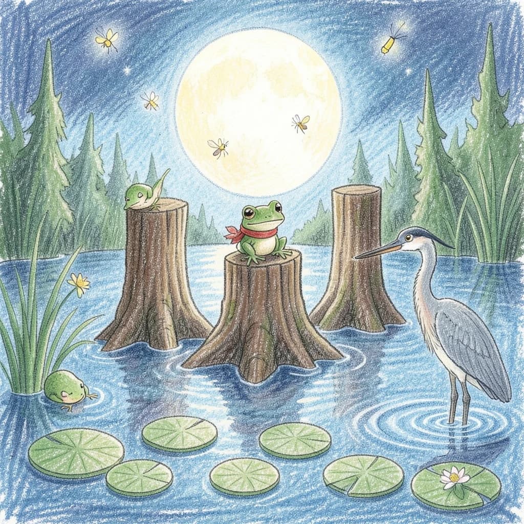 Story card in soft children's book illustration with crayon texture. A moonlit swamp with three cypress stumps in a row across the water. A small green frog in a red scarf sits on the middle stump. Two fireflies circle above his head while four more sit sleeping on the reeds to the left. A heron stands knee deep at the right edge, looking away from the frog. Nine lily pads float across the foreground, only one of them carrying a flower.