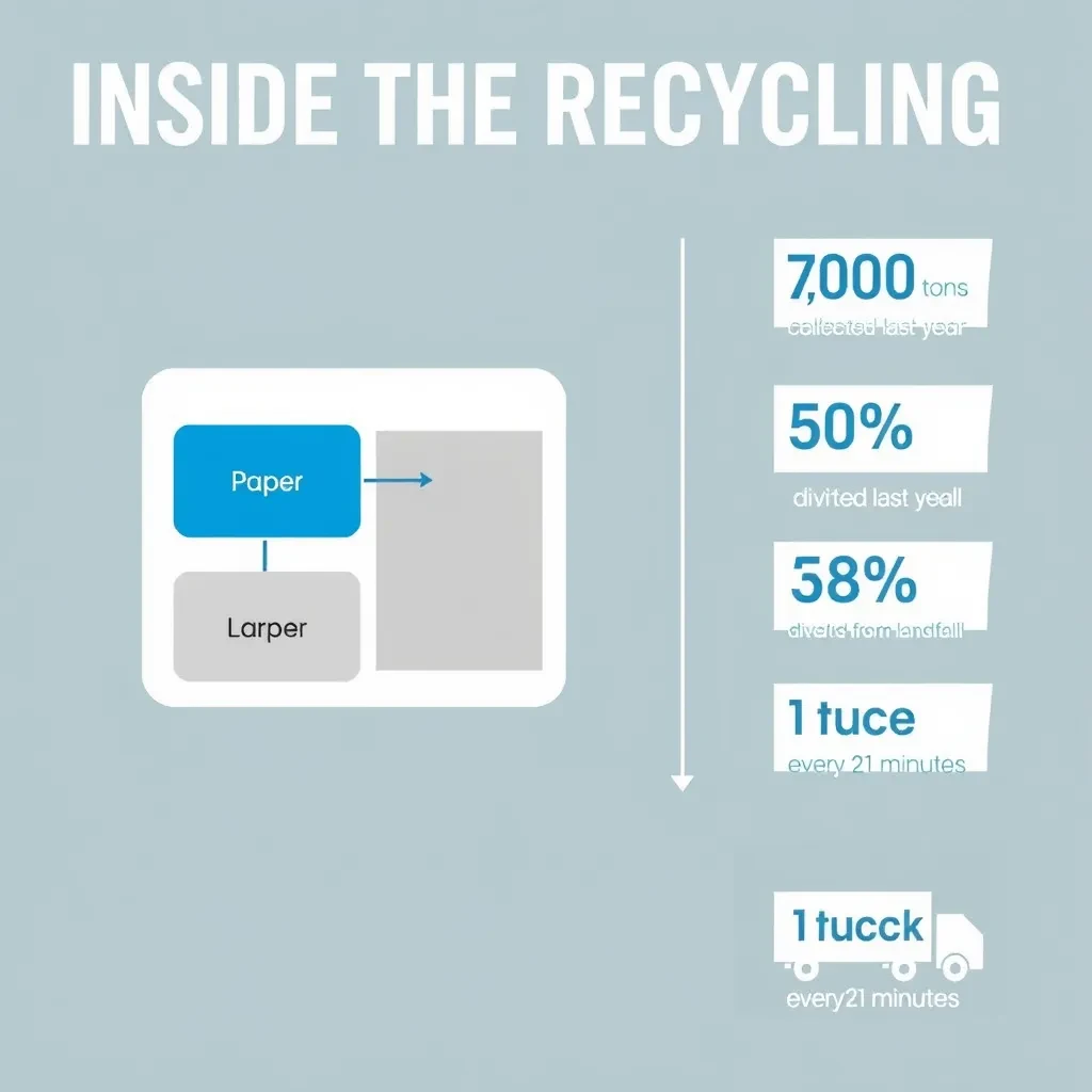 Flat infographic titled "Inside the Recycling": at the center a flow chart from curb to sorting floor, carrying two keyed regions, "Paper" shaded blue and "Landfill" shaded gray, beside a right column of three stat chips reading "7,000 tons collected last year", "58% diverted from landfill" and "1 truck every 21 minutes".
