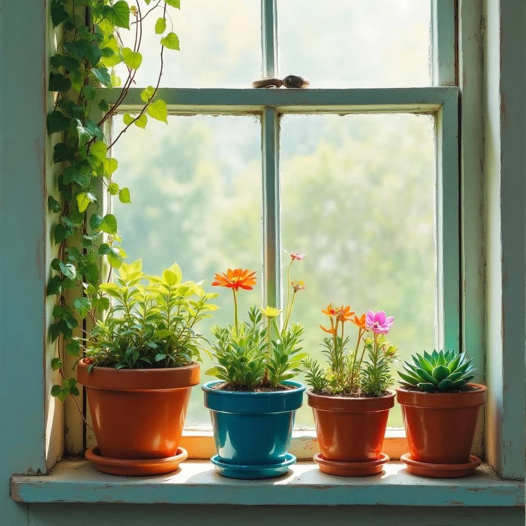 Fauvist feed post: a windowsill shelf with six potted plants, the three terracotta pots holding trailing vines and the three glazed blue pots holding upright succulents, painted in violent orange, pink and green. Only the tallest vine reaches the curtain.