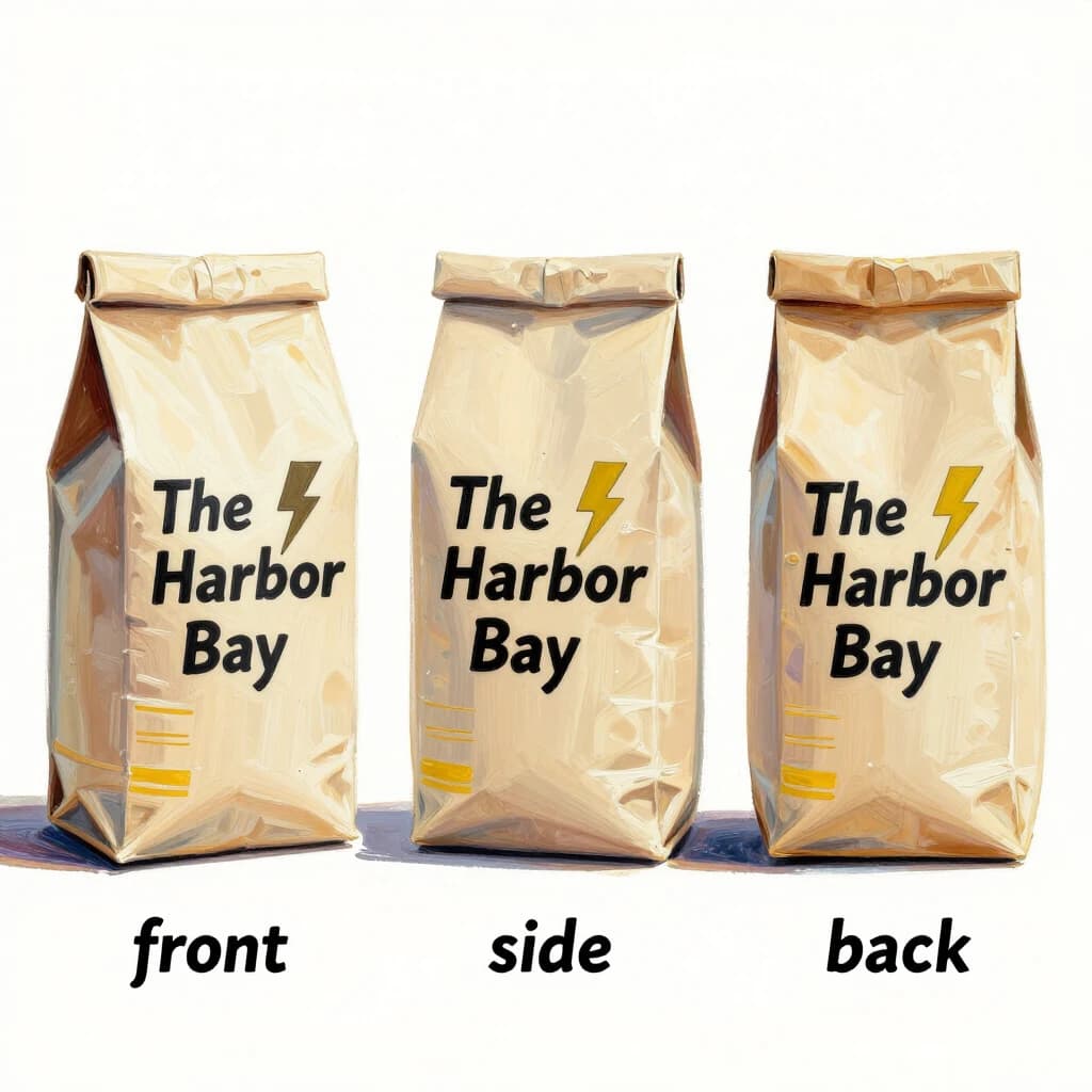 Gouache painting of the same coffee bag drawn in three views, captioned "front", "side" and "back", every view carrying the wordmark "The Harbor Bay" with a lightning-bolt symbol beside it in the same black-and-yellow coloring, only the angle changing.