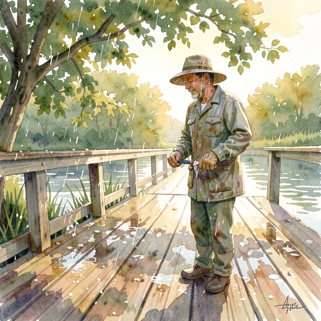 A gardener covered in morning dew on a wooden pier, in dappled afternoon light, low-angle view, watercolor style.