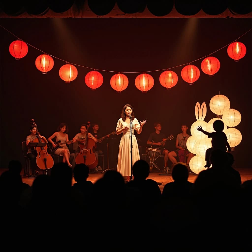 Concert photography, a Mid-Autumn Festival night in a Hong Kong park, shot from inside the crowd toward a low stage lit by warm floods. A singer at the centre microphone holds a note with both hands off the stand; on her left two erhu players sit side by side, on her right a single drummer stands. Eleven paper lanterns hang above the stage, the seven red ones strung in a line and the four white ones clustered at the right end. In the near foreground, out of focus, a child on a father's shoulders holds a rabbit lantern.