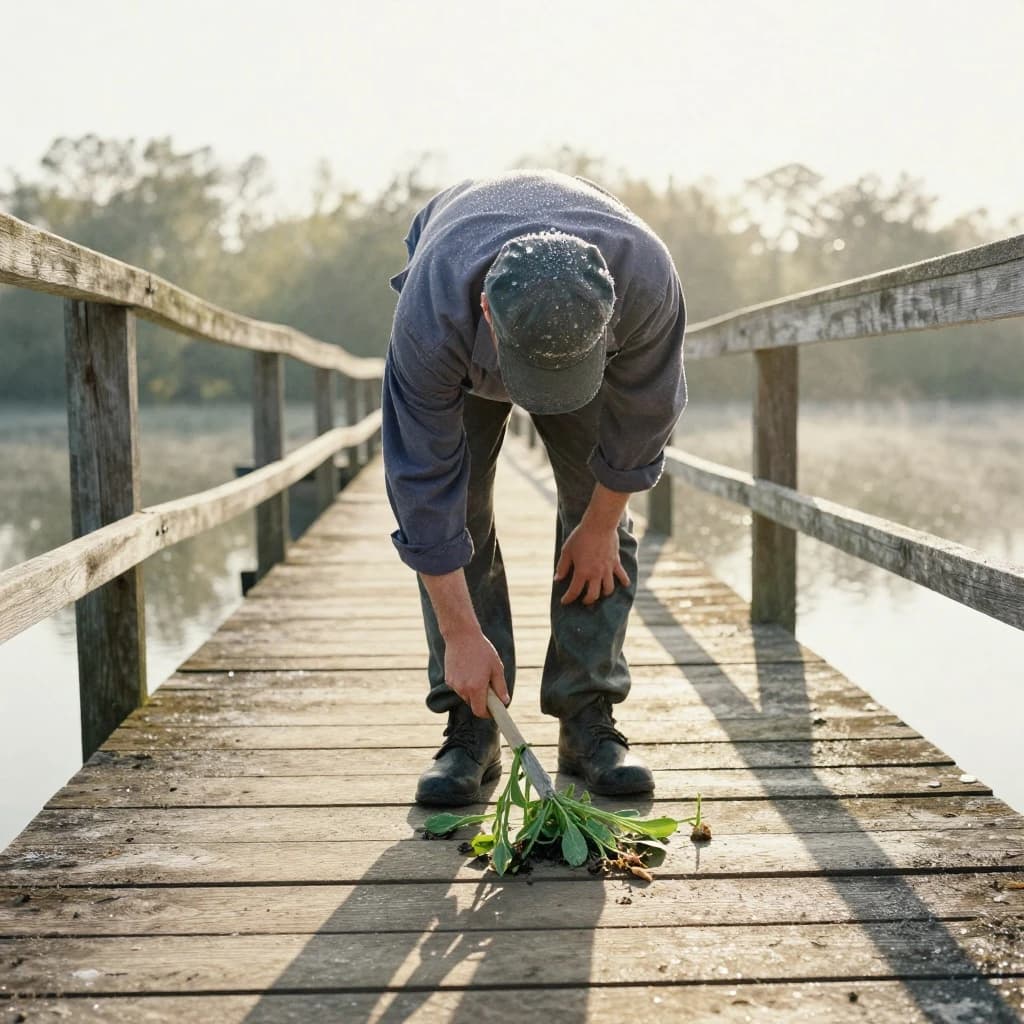 A gardener covered in morning dew on a wooden pier, in dappled afternoon light, low-angle view, watercolor style.
