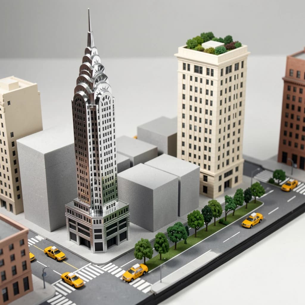 Tilt shift photograph of a hand built architectural scale model of a Midtown Manhattan block, studio lit from the upper left.
The Chrysler Building stands on the corner in polished silver card with its stepped crown and triangular windows. Directly across the street sits a proposed cream limestone tower, two floors shorter, topped by a stepped roof garden. Between them four smaller grey massing blocks in plain foam. Six tiny yellow cabs on the avenue, three stopped at the crossing and three queued behind, with a line of green model trees down the median.