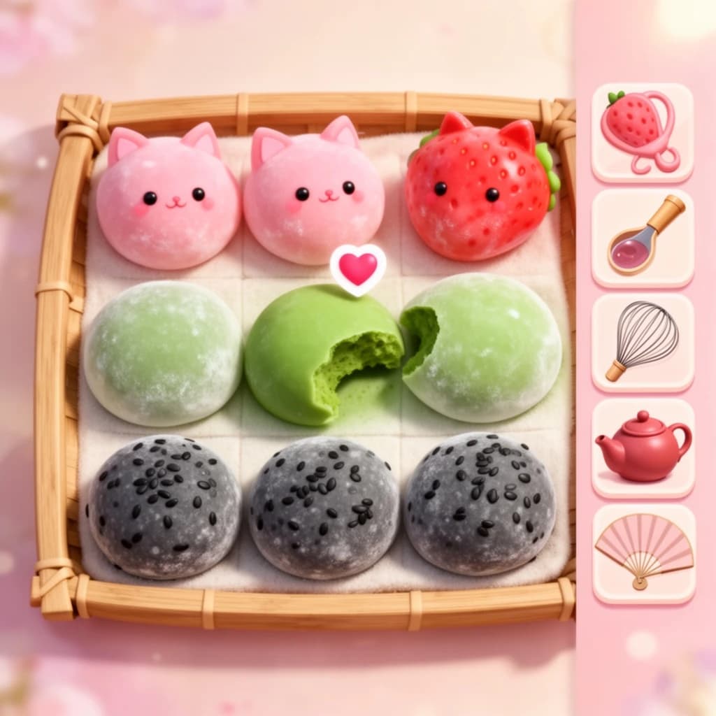 Match three board for a cozy sweets game, cute stylized 3D animation look. Nine mochi in a three by three grid on a bamboo tray: the top row strawberry pink, the middle row matcha green, the bottom row black sesame grey. The center green one has a bite taken out and a small heart icon floating above it. Two of the pink mochi wear tiny cat ears. To the right of the tray, a vertical strip of three power up icons, a whisk, a teapot and a fan. Soft pastel lighting, glossy dusted surfaces.
