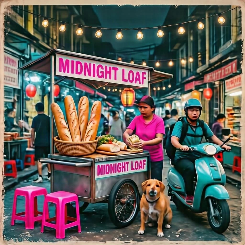 Two-color risograph print key art in fluorescent pink and teal with visible misregistration and paper grain, for a street food courier game. A night market alley: the banh mi cart at center with three baguettes standing upright in a basket and two more being sliced by the vendor, who hands one wrapped sandwich down to a courier straddling a scooter. Four plastic stools in front of the cart, three occupied and the one nearest the gutter tipped over. Two strings of bulbs cross overhead. A dog waits under the cart axle. The stall banner reads "Midnight Loaf".