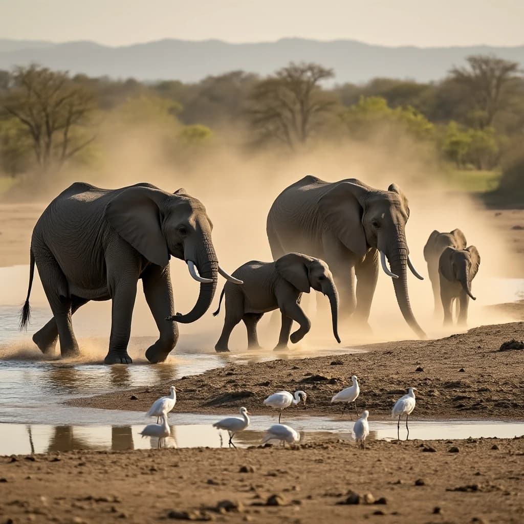 Wildlife photograph for a conservation campaign: a herd crossing a dusty riverbed in low sun. Seven elephants walking left to right, three adults flanking on the outside and two calves tucked between them, one adult trailing at the rear with a broken tusk, and the lead matriarch already up the far bank. Four egrets on the ground, only two of them near the calves. Long shadows, dust haze, nothing written in frame.
