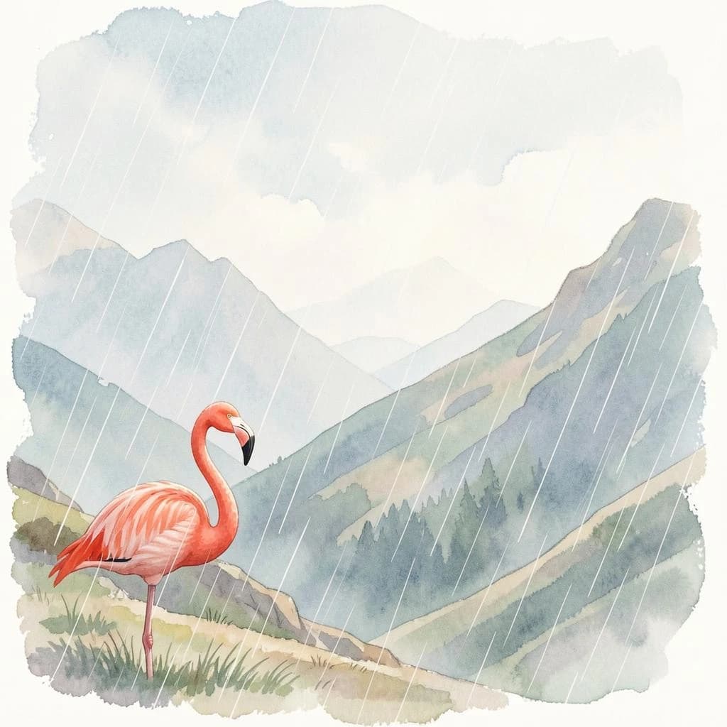 flamingo, mountain ridge, light rain, off-center framing with negative space, watercolor, soft edges