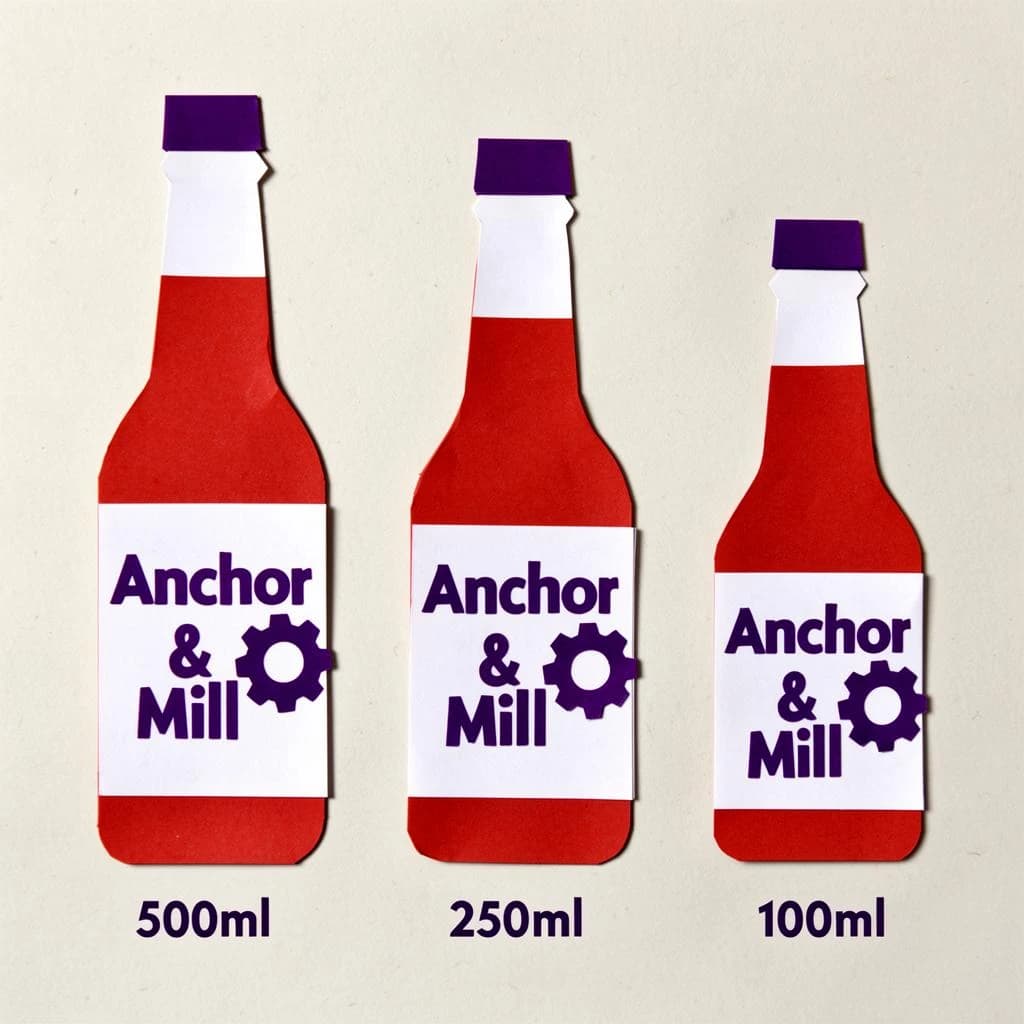 Cut-paper collage of the same hot-sauce bottle drawn in three sizes, captioned "500ml", "250ml" and "100ml", every size carrying the wordmark "Anchor & Mill" with a six-tooth gear mark beside it in the same purple-and-white coloring, only the bottle size changing.