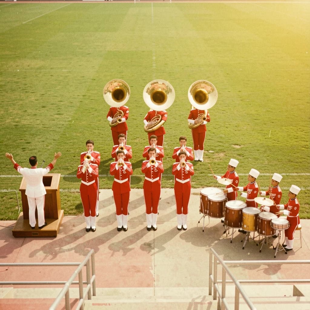 Nineteen seventies Kodachrome-era colour film look, faded warm grain and slight overexposure: a high school marching band seen from a stadium walkway. Front rank of five trumpet players in red and white uniforms, all with horns raised. Behind them three sousaphones in a triangle, the middle player caught mid turn. A line of four drummers to the right, the snare drummer nearest the camera mid stroke. A single drum major stands on a podium at the far left with his back to us, arms up. Empty green field behind them.
