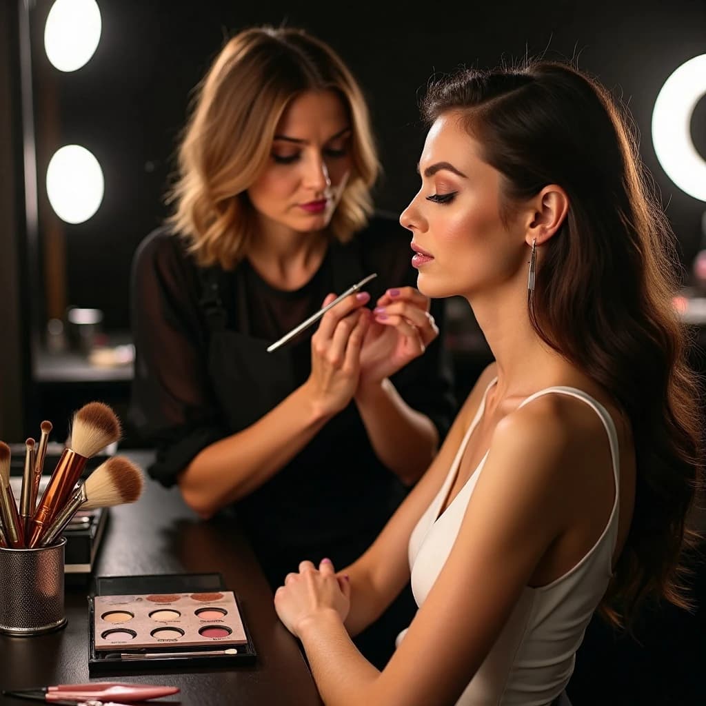 Fashion photograph at a backstage vanity lit by a ring light. A makeup artist in a black apron leans in from the right and blends cream blush into a seated model's cheekbone with her fingers, while a second artist standing behind them holds a lash tray in one hand and tweezers in the other, mid pick. On the counter between them: six brushes standing bristle up in a metal cup, three lipstick bullets lying in a row with their caps off beside them, and one open palette showing two used shades and four untouched. Warm skin tones, glossy highlights, shallow depth of field.