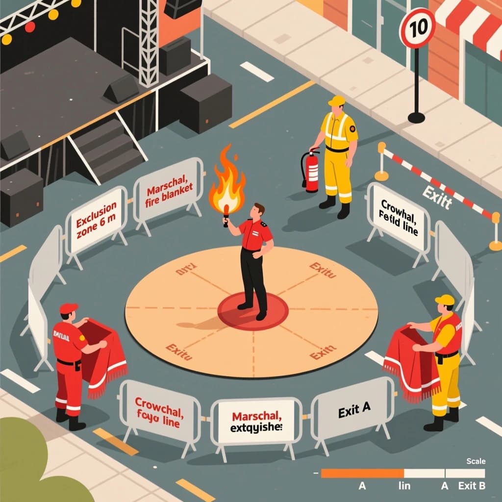 Top down flat vector site safety plan for an outdoor street festival stage. At the centre a fire breather stands on a circular marked pad, flame arc pointing north into an empty exclusion zone with nothing inside it. Two marshals in red hold blankets flanking the pad, one west and one east, and a third marshal in yellow stands behind the performer with an extinguisher. Six barrier segments form a semicircle five metres south of the pad, with two gaps left as exits. Labels read "Exclusion zone 6 m", "Marshal, fire blanket", "Marshal, extinguisher", "Crowd line", "Exit A", "Exit B". Scale bar bottom right, muted amber and slate palette.