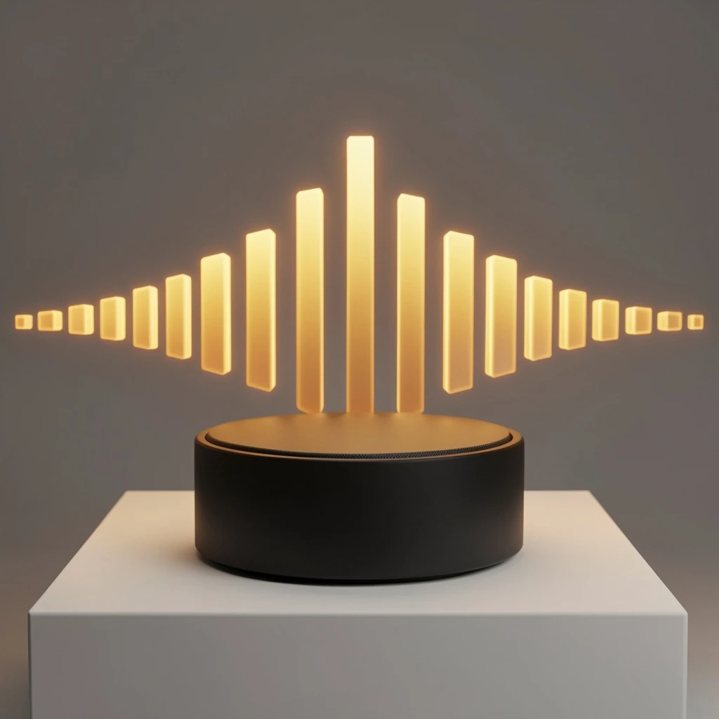 Cinematic 3D render of a matte black speaker puck on a white plinth, with a sound waveform behind it built from fourteen glowing amber bars in a gentle curve, the three tallest centred directly behind the puck and the bars shortening evenly toward both ends.