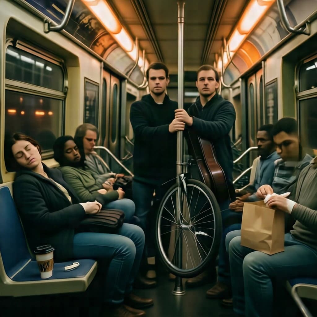 Cinematic photograph inside a late night subway car, handheld, lit only by flickering ceiling strips and orange platform light sliding past the windows. Nine passengers down the car: the three on the left bench all sleep with heads tipped at different angles, the four on the right bench are awake, one folding a paper bag, one holding a bike wheel upright between his knees, one wrapping her own wrist in tape, one staring straight into the lens. Two more stand at the far doors gripping the same pole with a violin case wedged between them. An empty seat beside the nearest sleeper, a coffee cup rolling under it.