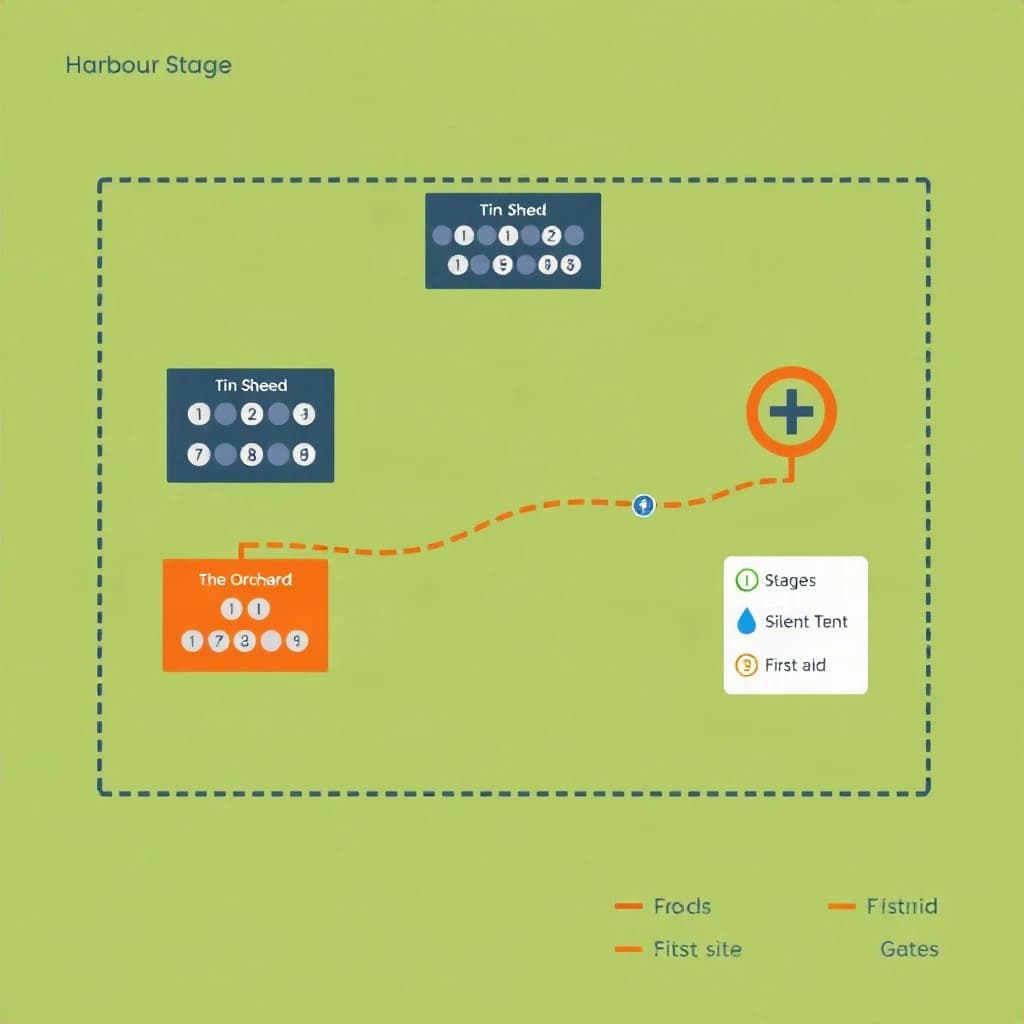 Festival site map in flat editorial infographic style, bird's eye, flat colour blocks on a sage green field inside a dotted perimeter fence.
Four stages: the main "Harbour Stage" along the north edge with a wide crowd shape in front of it, "Tin Shed" on the east, "The Orchard" on the west inside a cluster of round tree canopies, and a small circular "Silent Tent" at the south west corner with no crowd shape around it.
Two food streets run east to west between the stages, the northern one with nine numbered stalls and the southern one with six. Three water points marked by blue droplets sit one beside each of the first three stages. A single first aid cross sits where the two food streets meet the central path.
A gravel path loops the whole site as a dashed ochre line, with entrance gates on the south and east sides only.
A legend box in the lower right lists "Stages", "Food", "Water", "First aid" and "Gates", each with its own symbol. Title at the top left reads "Site Map, Saturday".