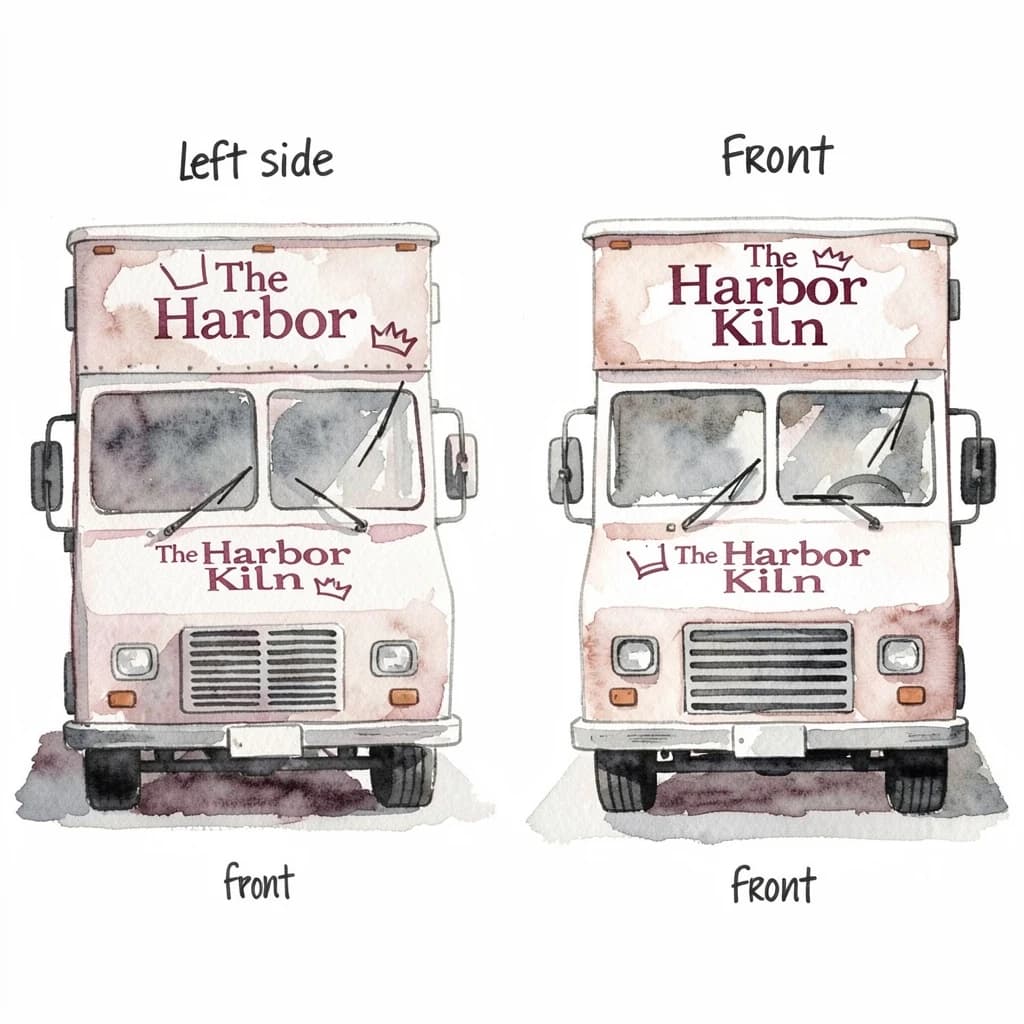 Watercolor of the same food truck drawn in two sides, captioned "left side" and "front", every side carrying the wordmark "The Harbor Kiln" with a simple crown outline beside it in the same maroon-and-gray coloring, only the side changing.