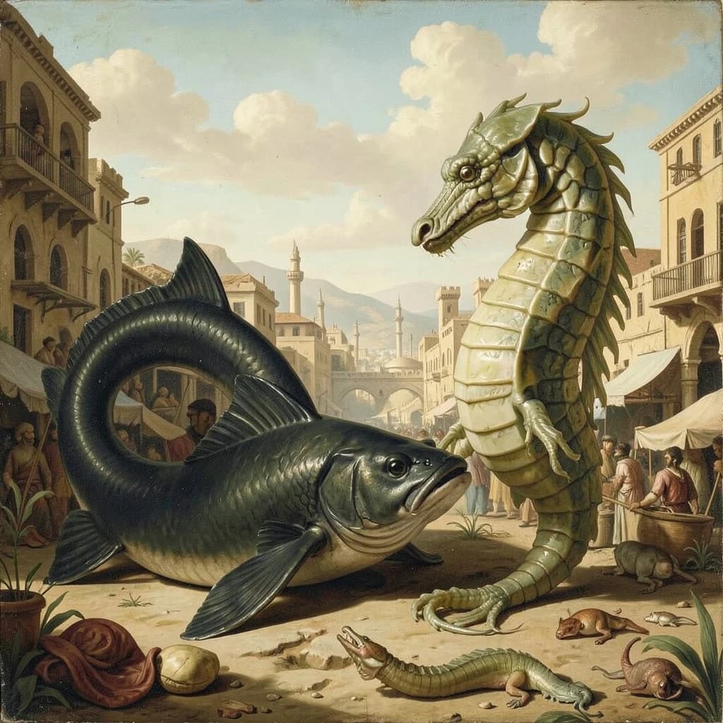 Blackfish and Sea Horse in Sanaa, Yemen in the style of neoclassical