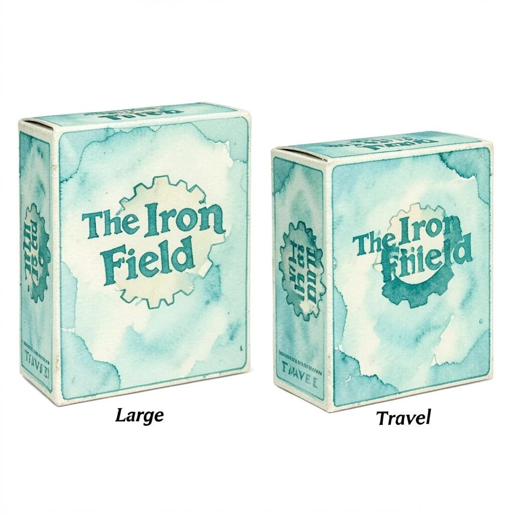 Watercolor: one board-game box in two editions. The editions are captioned "Large" and "Travel" in that order. The wordmark "The Iron Field" appears on every edition with a six-tooth gear mark beside it. The teal-and-cream coloring is the same across every edition, and only the box size changes.