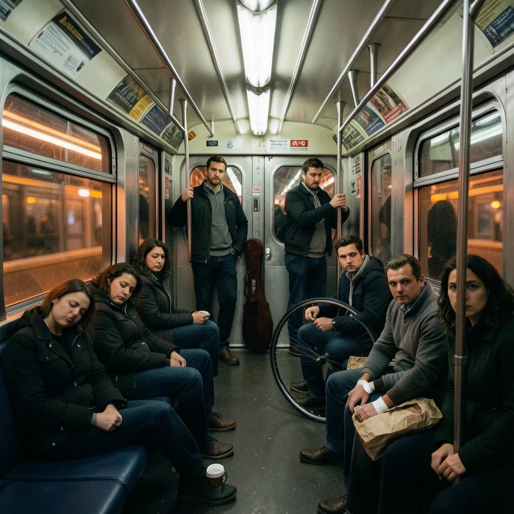 Cinematic photograph inside a late night subway car, handheld, lit only by flickering ceiling strips and orange platform light sliding past the windows. Nine passengers down the car: the three on the left bench all sleep with heads tipped at different angles, the four on the right bench are awake, one folding a paper bag, one holding a bike wheel upright between his knees, one wrapping her own wrist in tape, one staring straight into the lens. Two more stand at the far doors gripping the same pole with a violin case wedged between them. An empty seat beside the nearest sleeper, a coffee cup rolling under it.