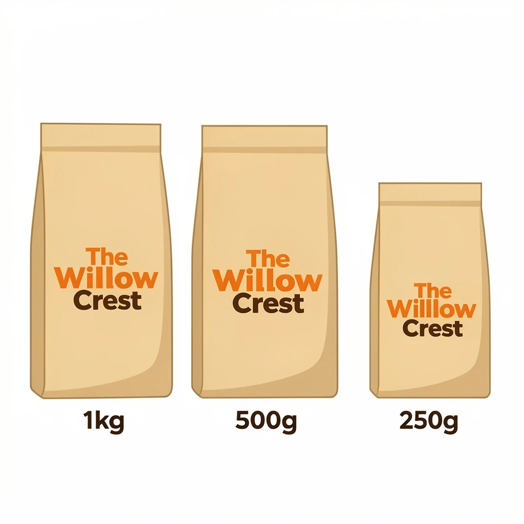 Flat vector illustration of the same coffee bag drawn in three sizes, captioned "1kg", "500g" and "250g", every size carrying the wordmark "The Willow Crest" in the same orange-and-brown coloring, only the bag size changing.