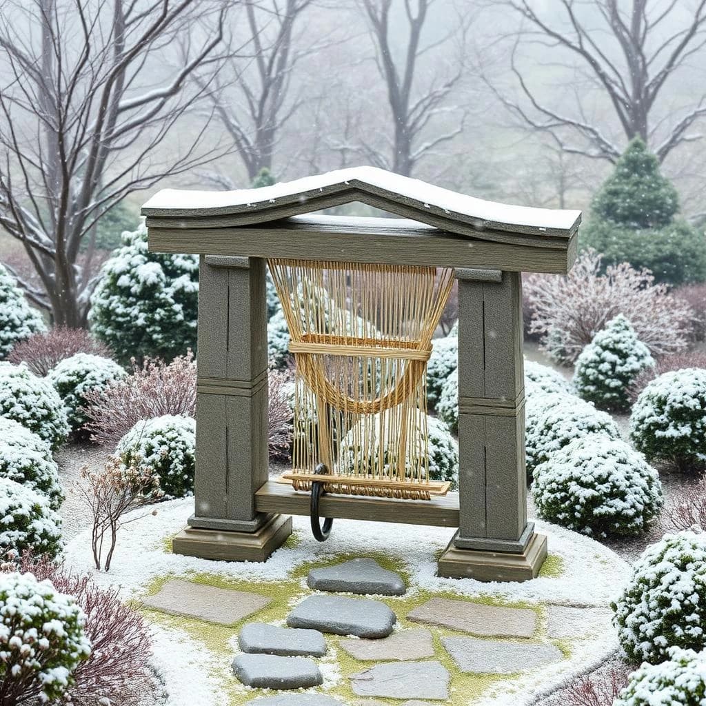 A weaver stone-still in a botanical garden, in gentle snowfall, centered full-body framing, isometric 3D style.