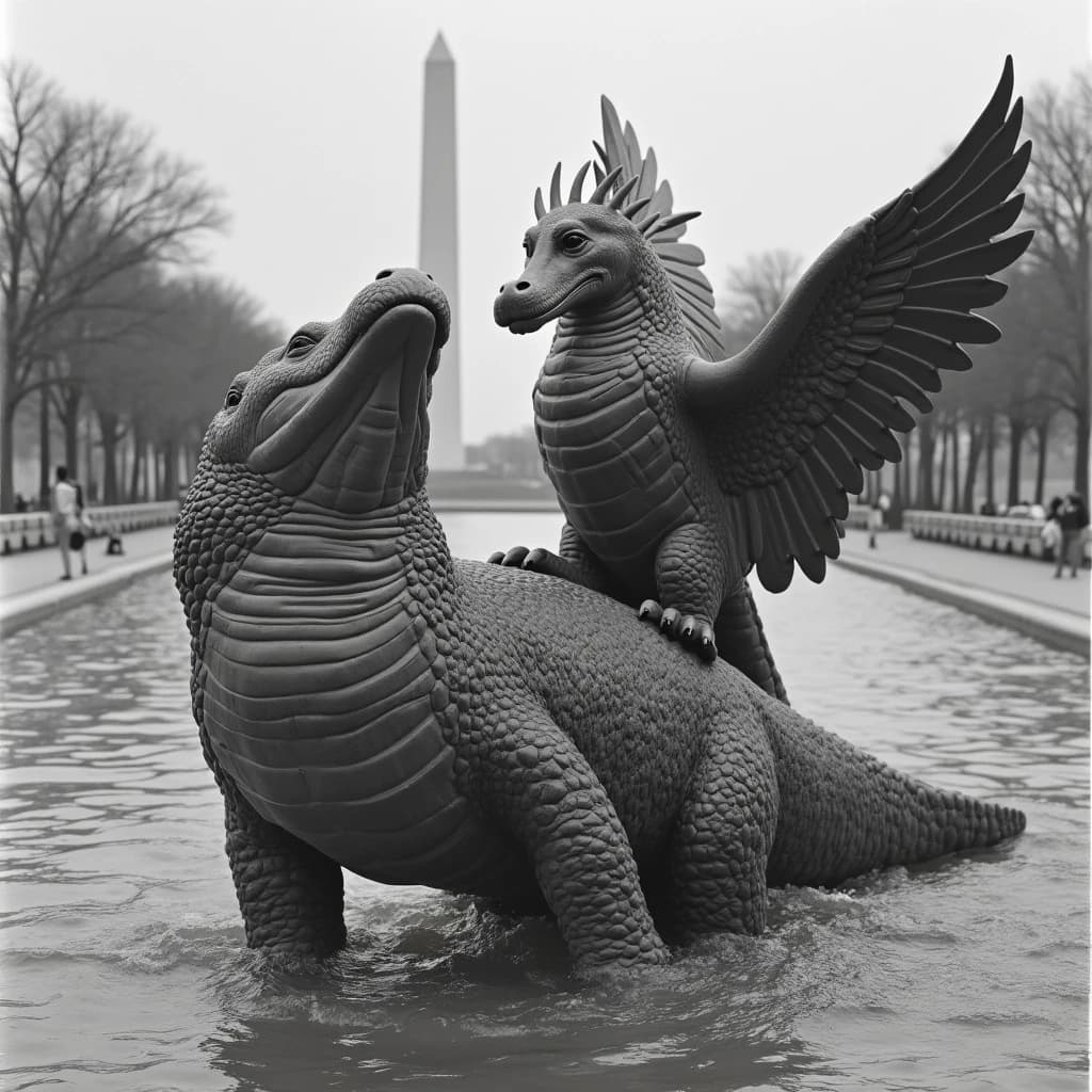 Manatee and Thunderbird in Washington, D.C., United States in the style of black and white