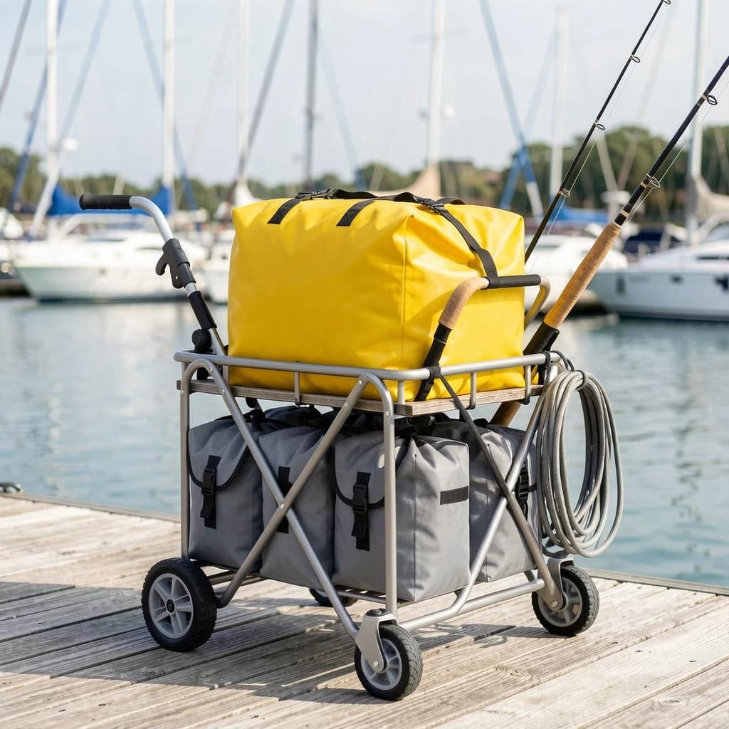 Lifestyle listing photo on a marina dock: a folding dock cart holding three dry bags, the largest yellow and the two smaller ones grey, two fishing rods leaning against the handle, and one coiled dock line hanging from the front rail. Masts blurred behind.