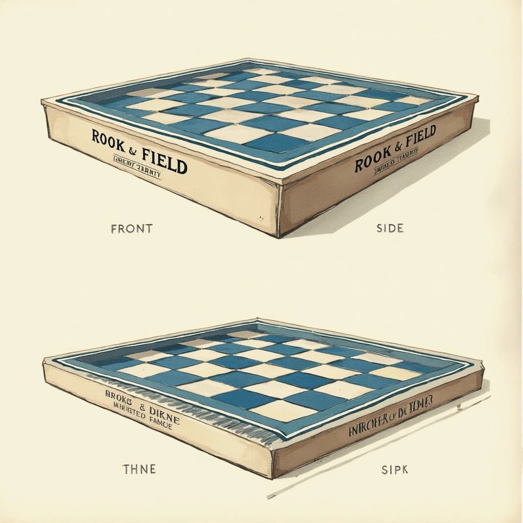 Printed poster of the same board-game box drawn in two views, captioned "front" and "side", every view carrying the wordmark "Rook & Field" with a single leaf mark beside it in the same blue-and-silver coloring, only the angle changing.