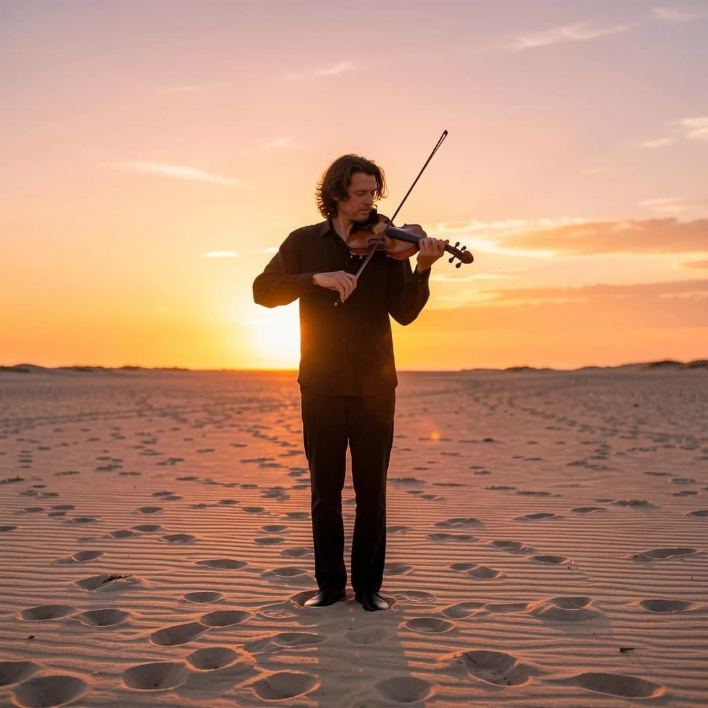 still violinist on open sand, sunset