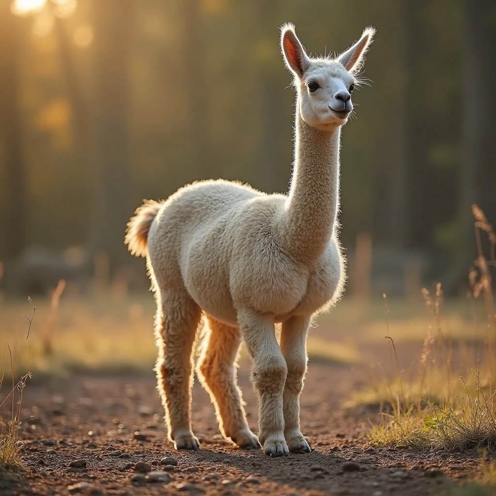 quiet alpaca on cracked earth, backlit