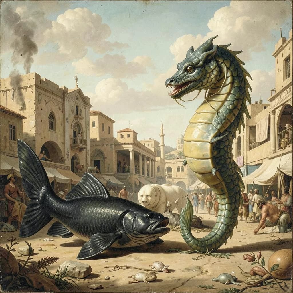 Blackfish and Sea Horse in Sanaa, Yemen in the style of neoclassical