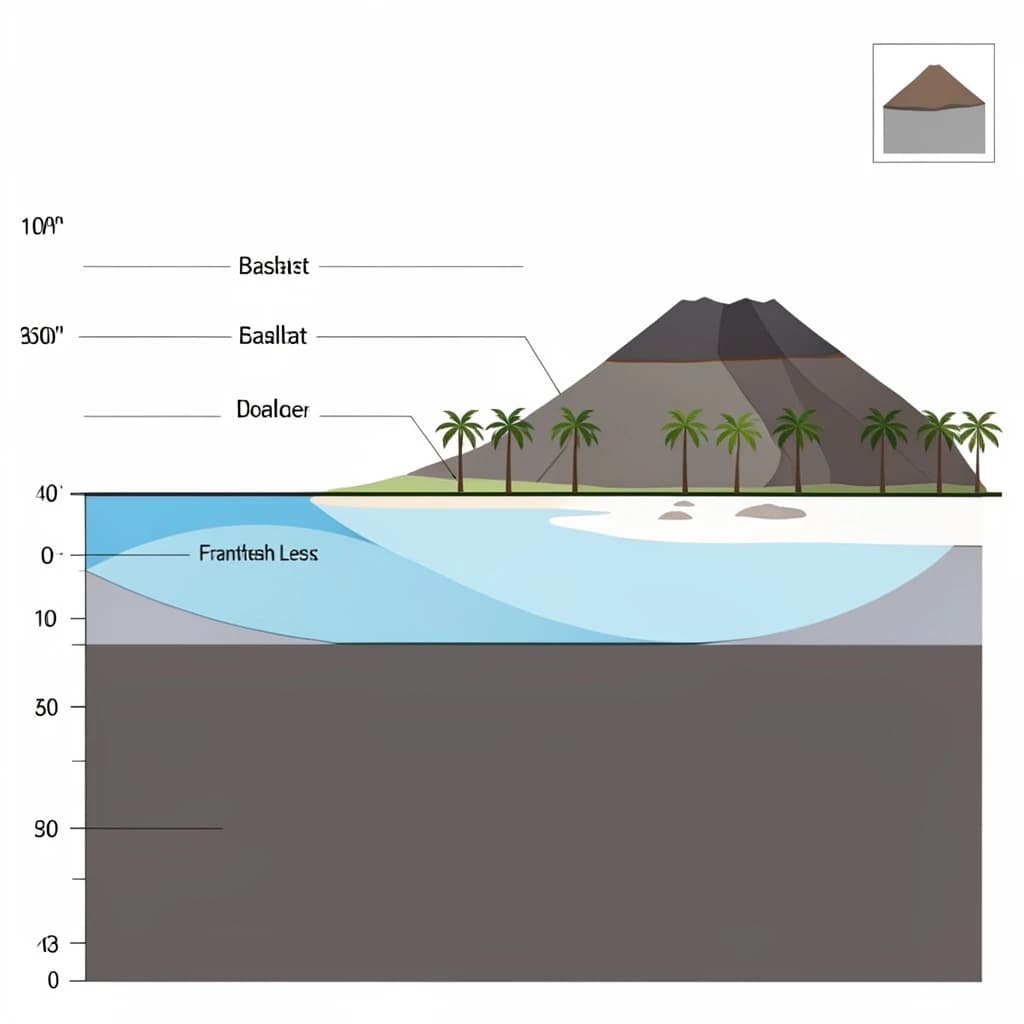 Cross section of a volcanic tropical island as a flat academic figure with clean colour blocks and a horizontal sea level line. Reading from the ocean on the left toward the right: a fringing reef crest, a shallow lagoon holding three coral heads, a white sand beach, a coconut palm belt of five trees, then a rising basalt cone with two lava layers picked out in darker grey, and a freshwater lens drawn as a pale blue dome under the middle of the island. Below sea level the flanks drop in three stepped terraces to a flat deep floor. Eight leader line labels, a depth scale down the left edge, and a small locator inset in the top right.