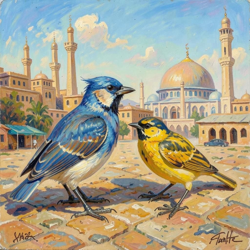 Scrub-Bird and Yellowtail in Cairo, Egypt in the style of impressionist
