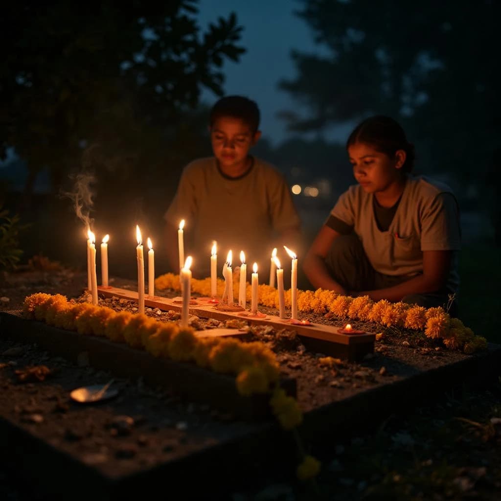 Photojournalism frame from a cemetery vigil at night: one grave slab carrying seven marigold garlands and nine lit candles, three of the candles guttered out and smoking, a grandmother and two children kneeling along the near edge.