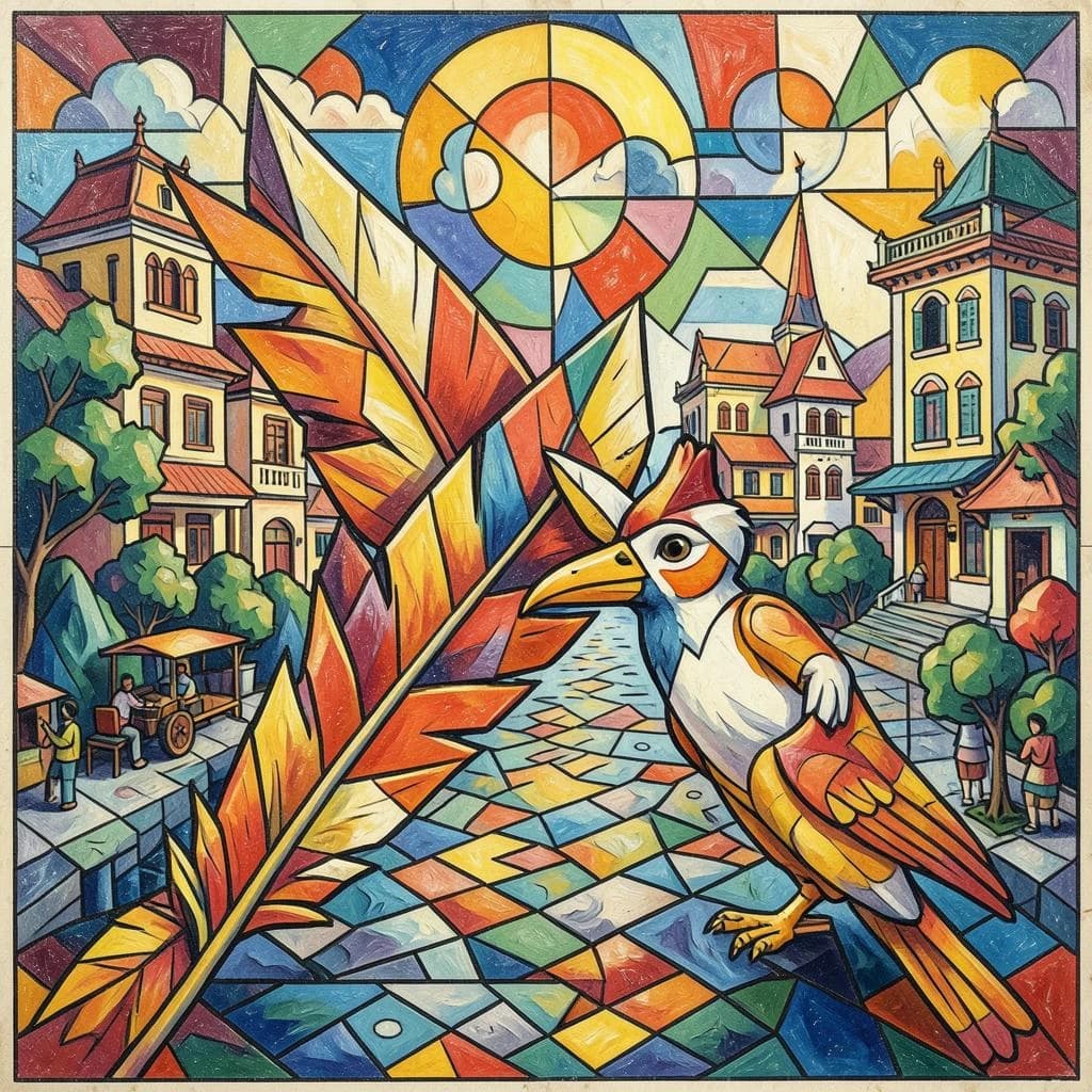 Flight Feather and Catalufa in Hanoi, Vietnam in the style of cubist
