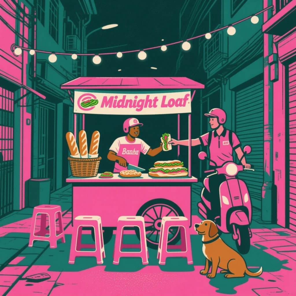 Two-color risograph print key art in fluorescent pink and teal with visible misregistration and paper grain, for a street food courier game. A night market alley: the banh mi cart at center with three baguettes standing upright in a basket and two more being sliced by the vendor, who hands one wrapped sandwich down to a courier straddling a scooter. Four plastic stools in front of the cart, three occupied and the one nearest the gutter tipped over. Two strings of bulbs cross overhead. A dog waits under the cart axle. The stall banner reads "Midnight Loaf".