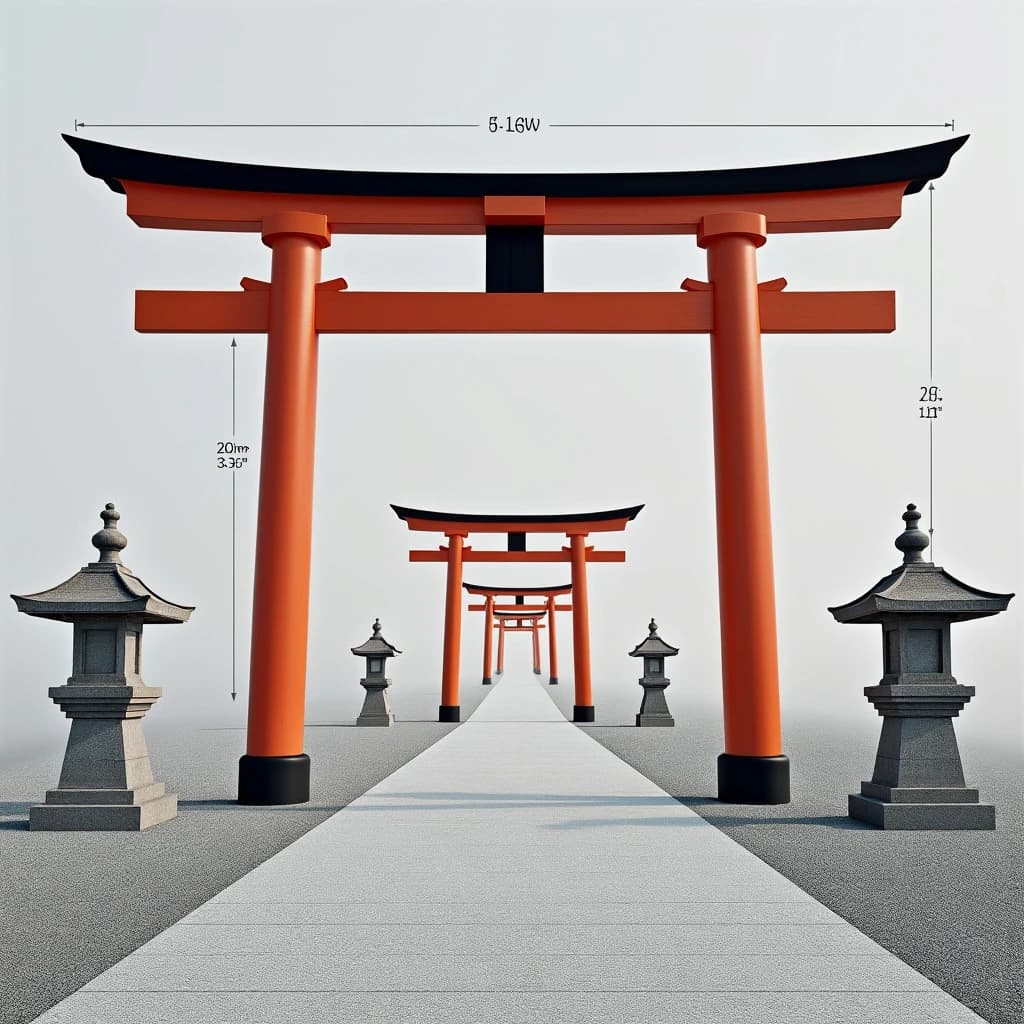 Architectural visualization of a shrine approach, soft daylight, matte grey and white presentation render. A straight gravel path runs from foreground to background under six torii gates set in a line, each gate shorter than the one before it. The four nearest gates are vermilion with black crossbeams; the two farthest are bare weathered timber. A pair of stone lanterns flanks the third gate only. Thin dimension lines mark each gate's clear width in metres, and a title block in the lower left corner reads "Approach Study, Gates 1 to 6".