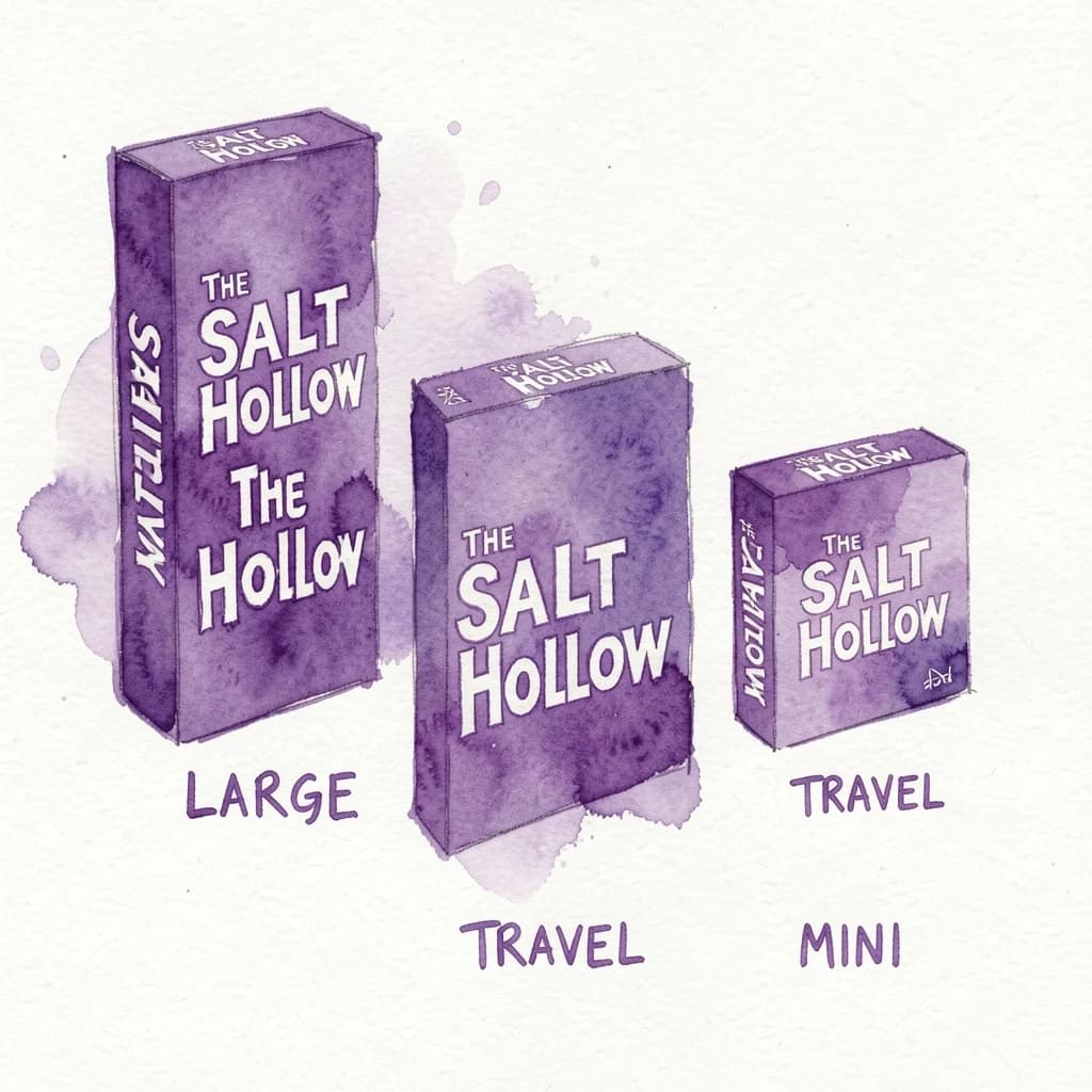 Watercolor of the same board-game box drawn in three editions, captioned "Large", "Travel" and "Mini", every edition carrying the wordmark "The Salt Hollow" in the same purple-and-white coloring, only the box size changing.